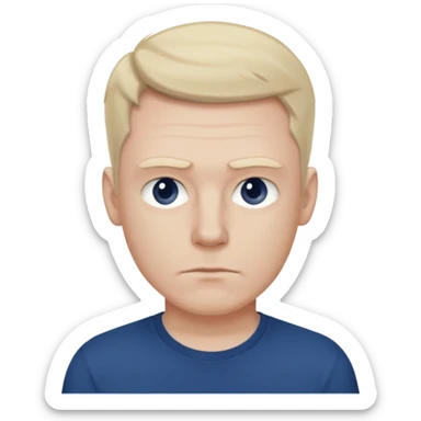 a white man in a dark blue t-shirt with a suspicious look sticker