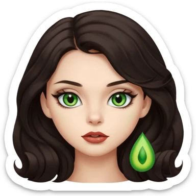 girl with dark brown long hair, hair is just a little bit curly like a hair styling, she has a green cat eyes, a little bit smoky makeup, babyface and lips are a little bit big sticker