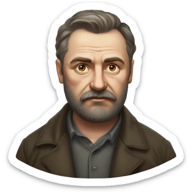 Russian writer Alexander Kuprin Photorealism A plump serious man of Slavic appearance with Small eyes with beard and mustache, with a  short haircut, big detailed face, wrinkled face sticker