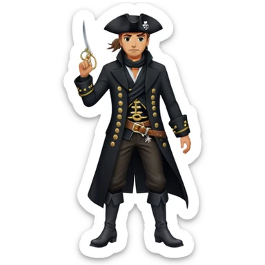 A confident pirate captain in a tailored black coat with silver embroidery, black boots, and a windswept black scarf. sticker