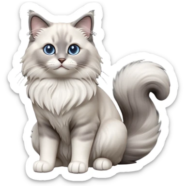 cinematic-[Ragdoll cat]-realistic-full-body-sitting-emoji,-tail-curled-playfully-around-its-paws,-head-tilted-dramatically,-fluffy-[grey ragdoll cat]-fur,-simplified-yet-realistic-focused-features,-highly-detailed,-glowing-with-an-almost-sarcastic-glow sticker
