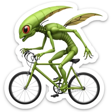 insectoid alien riding a bicycle, bug-like eyes, segmented limbs, strange but fun cycling pose, sci-fi creature vibe, 3D cartoon, mobile game icon style, clean background, no text, no watermark
 sticker