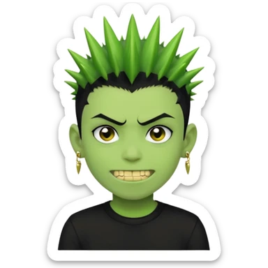 green zombie boy with spiky black emo hair and a black shirt with piercings and gold grilzz  sticker