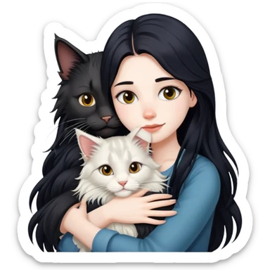 A beautiful girl with fair skin and long black hair hugs a Maine Coon girl sticker