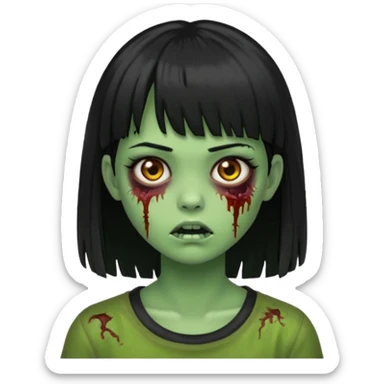 Emoji de uma garota zumbi com os cabelos longos, lisos e pretos. Ela usa uma franja curta. Pele verde  sticker