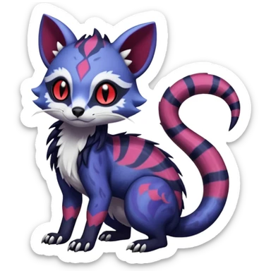 Rare warm-colored exotic gloomy tropical edgy cute epic aesthetic spooky indigo purple white black red gothic colorful Salandit-Furret-Espurr-Meowstic-Civet-species-Fakemon-hybrid-creature, with tribal tattoo markings, full body sticker
