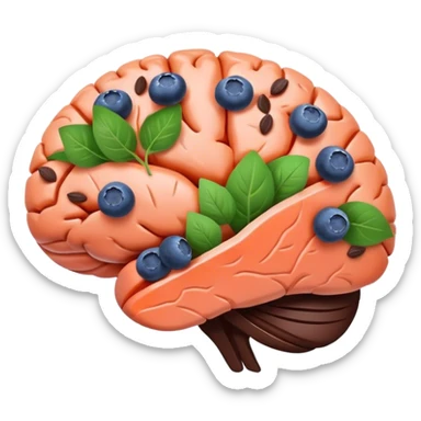 brain surrounded by healthy lifestyle choices, exercising, salmon, dark chocolate, blueberries, seeds, leafy greens . brain booster sticker