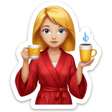 lightly tanned skin, blue eyes, cute and sexy girl with bright yellow-brown hair in a few shades of red robe, golden rings, slight cute makeup, full body, slightly turned aside pose, holding a coffee mug sticker
