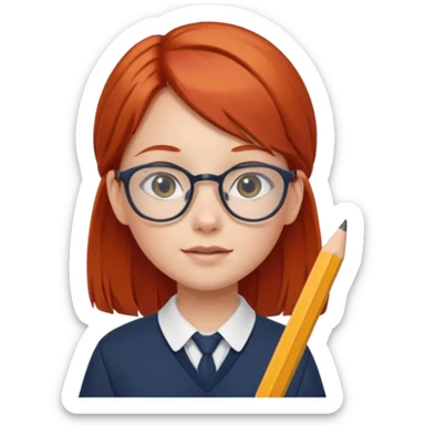 red long hair girl kid with glasses → holding a pencil with school uniform sticker