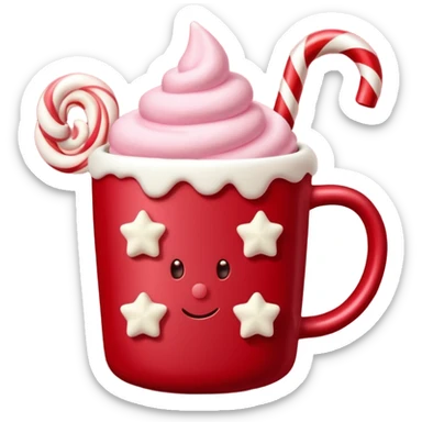 hot chocolate with pastel pink marshmallows in red christmas mug with stars and candy cane, trendy aesthetic sticker