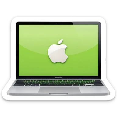 A macbook laptop front facing with its screen showing lime green screen with white paper overlapping outside the monitor . sticker