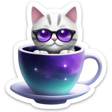 Cute purple hoverpetcat in space in a space ship with cool black glasses on with a cup of coffee by it's side  sticker