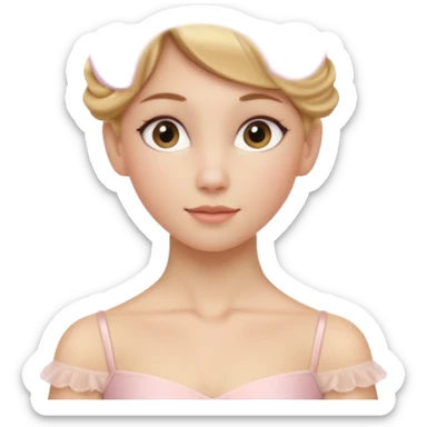 Cinematic Realistic Ballerina Portrait, depicted with lifelike skin texture, subtle rosy undertones, and soft natural lighting that enhances the gentle contours of her face. Her intricately detailed golden blonde hair is elegantly styled in an updo, sticker