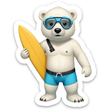 friendly anthropomorphised polar bear standing out of the pool, wearing surf board shorts and a scuba mask with snorkel sticker