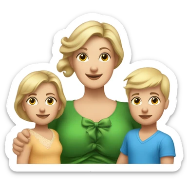 Brunette Caucasian plus sized mom, holding young blond 8 year old boy and 18 month old blonde baby girl baby has a bow in her hair sticker