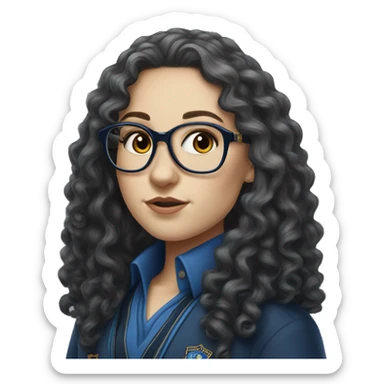 Hyper realistic White girl with long black curly hair and glasses wearing a ravenclaw school inform sticker