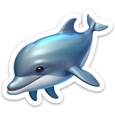 Cinematic Noble Bottlenose Dolphin Portrait Emoji, Poised and regal, with a sleek, streamlined body of shiny, glossy blue-gray skin, expressive, intelligent eyes, and a gracefully arched dorsal fin, Simplified yet sharp and sophisticated features, highly detailed, glowing with a radiant, sparkling aquatic glow, high shine, intelligent and majestic, stylized with an air of oceanic refinement, focused and elegant, soft glowing outline, capturing the essence of a watchful and confident dolphin that appears ready to leap out of the screen with effortless power! sticker