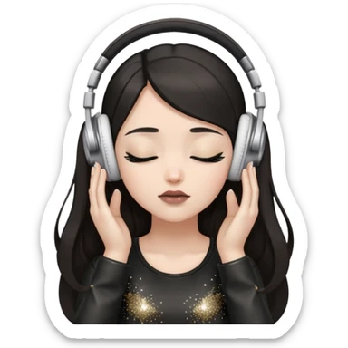 Girl with long dark hair, fair skin tone, wearing a black leather top, has glitter on her eyelids, and taupe lipstick, wearing white headphones, her hands are on her ears, and her eyes are close sticker