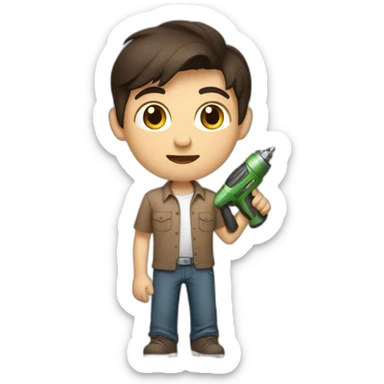 short dark hair white young boy in brown button up shirt with a tshirt under holding a drill sticker