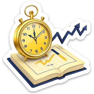 A yellow productivity book with navy blue and gold details, running clock and chart with upward trend aura, radiating productivity, strategy, and success in motion with time and happiness yellow... power in time aura of happiness sticker