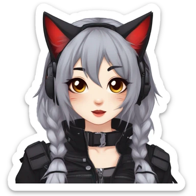 Gorgeous gothic dark techwear anime style anthro cat furry sona with blushing face aesthetic and pretty edgy black red punk messy ponytail hair with collar and harness trending style sticker