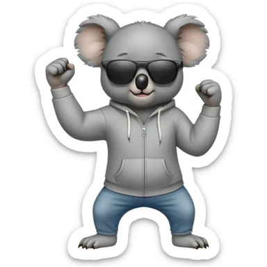 anthropomorphised koala, full body, wearing a hoodie and jeans, dark sunglasses, shaking fist sticker