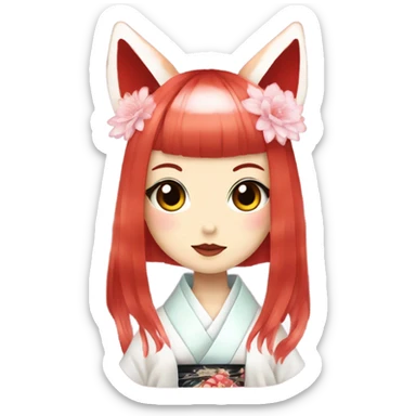 hime gyaru girl, kimono, short red hair, kitsune mask sticker