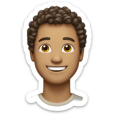   Design an AI emoji depicting a smiling man with light brown or white complexion, very short dark brown curly hair, radiating positivity and joy. sticker