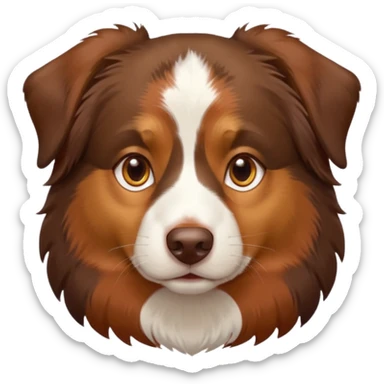 A tri color Australian shepherd with a chocolate brown base coat, red/gold fur on his eyebrows and snout/cheeks, a white chest, and gold eyes sticker