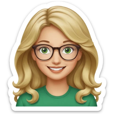 long wavy darker blonde hair woman with green eyes and glasses smiling sticker