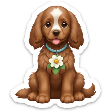 Full body shot of a brown cocker spaniel sitting happily with a flower sticker