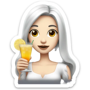 Pale girl with long black hair with chest holding cocktail sticker