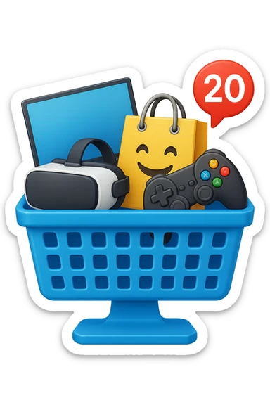 Create a high fidelity emoji style variant with smooth edges featuring a desktop monitor, a shopping basket showing tech items like a laptop, VR headset, and game controller instead of food, and an emoji shopping bag. The style should resemble emoji style with smooth edges and high detail. sticker