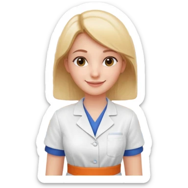 female pharmacist portrait, head and shoulders only, wearing a pharmacy apron, friendly smile, blurred medicine boxes on shelves in background, retail pharmacy vibe, 3D cartoon, mobile game icon style, no text, no watermark
 sticker