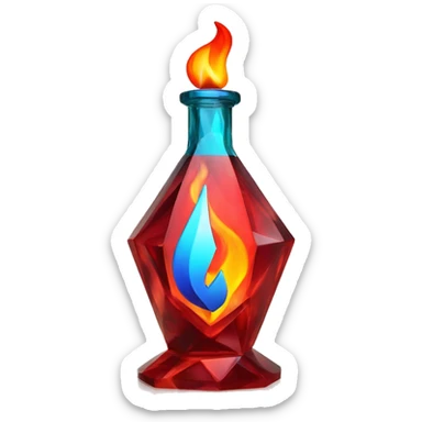 flame in a bottle sculpture symbolizing Sagittarius with a geometric, faceted design. The symbol is standing upright with angular and disney features. The vibrant red flame colors highlights the sharp edges and planes. sticker