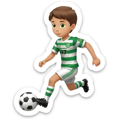 Celtic footballer jersey logo  6 years old brown hair white boy , stripes uniform , RUNNING  with soccer ball # 17 celtic football logo PUT ONLY ONE LOGO sticker