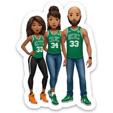 48 yr old black woman with Brown eyes, long dark brown balayage hair dressed in sexy 
celtics jersey costume outfit and stilettos. bald white man with orange facial hair & beard, with Blue eyes, wearing a Jason Tatum Boston Celtics Jersey, jeans & matching Nike sneakers  sticker