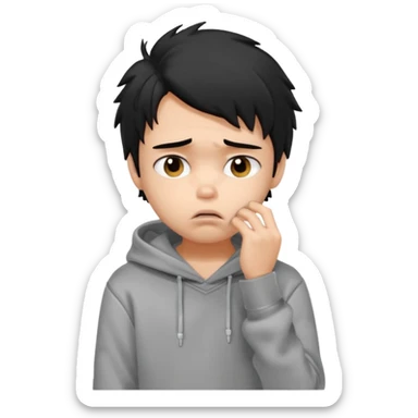 generate a pretty bratz fair skinned boy with messy black hair in a grey hoodie looking sad and bored with hand on chin sticker