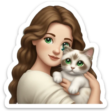 white woman with medium-length brown hair, green eyes and brown freckles on the face under the eyes, holding her sacre de birmanie kitten in her arms with much love, the baby cat has blue eyes, a lot of dark areas on ears and middle of the face. blue eyes sticker