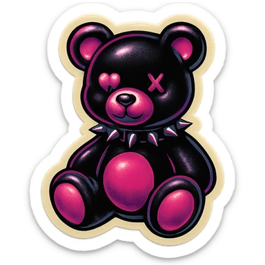 gothic teddy bear with black and pink color scheme, bear with spiked collar, retro stickers style sticker