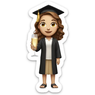 girl, university graduate, with brown hair, fair skin, holding champagne sticker