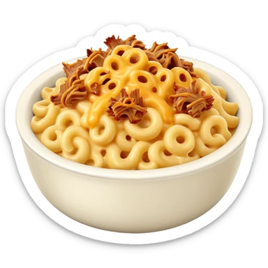 Bowl of Mac and cheese with chives and pulled pork sticker