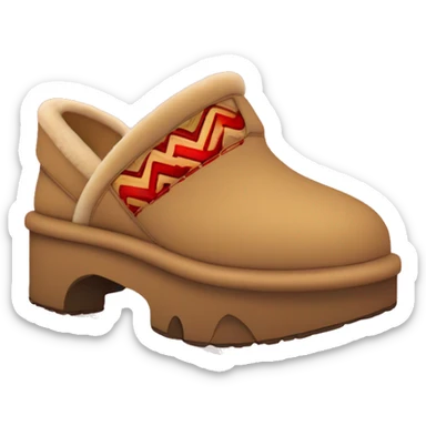 Ugg Camel slip-on slippers. red zig-zag stitch line encircling ankles, VERY chunky platform sole. sticker