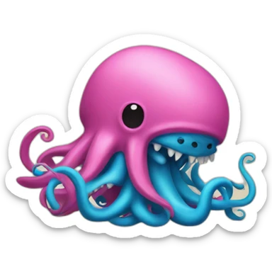 a blue kraken fighting  has another pink kraken sticker
