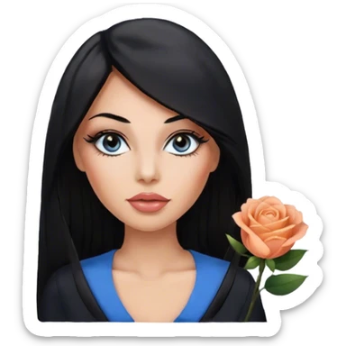 Glamours, tanned, very beautiful girl, with big pump peach-beige-rose lips, eyeliner, long long lashes, black straight smooth silky long hair, straight parting hair, blue-grey eyes in black clothes sticker