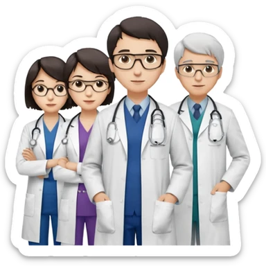 Four doctors standing together:

a female doctor with dark-colored short bob hair,

a young male doctor,

an older male doctor with white hair wearing glasses,

and a female doctor wearing glasses. sticker
