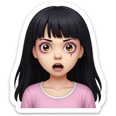 light-skinned black zombie girl with long black hair and bangs, wearing a light pink blouse, surprised expression sticker