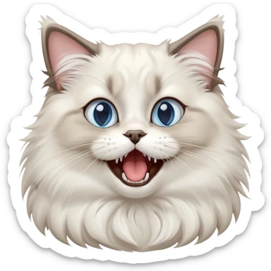 cinematic-adorable-big-eyed-fluffy-ragdoll-cat-portrait-emoji,-head-tilted-playfully-with-a-cute,-exaggerated-yawn,-white and grey fur,-simplified-yet-irresistibly-cute-features, blue eyes sticker