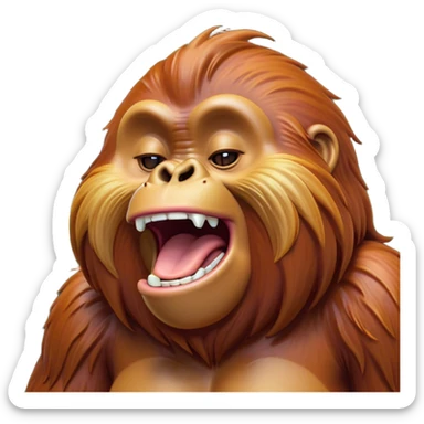 Cinematic Cute Yawning Orangutan Portrait Emoji, Head tilted slightly with a dramatic, wide-open yawn, showcasing a richly textured face with half-closed, sleepy eyes and a relaxed, open expression, Simplified yet irresistibly adorable features, highly detailed, glowing with a soft, cozy jungle glow, high shine, relaxed yet expressive, stylized with a dash of whimsical charm, soft glowing outline, capturing the essence of a drowsy yet affectionate guardian that appears ready to stretch out for a nap! sticker