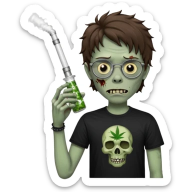 short wavy brown haired zombie getting stoned with weed t shirt and bong on his hand and wearing black chrome hearts bifocals sticker